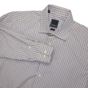 David Donahue Dress Shirt Mens 17 34/35 Blue Brown Check Slim Fit Cotton